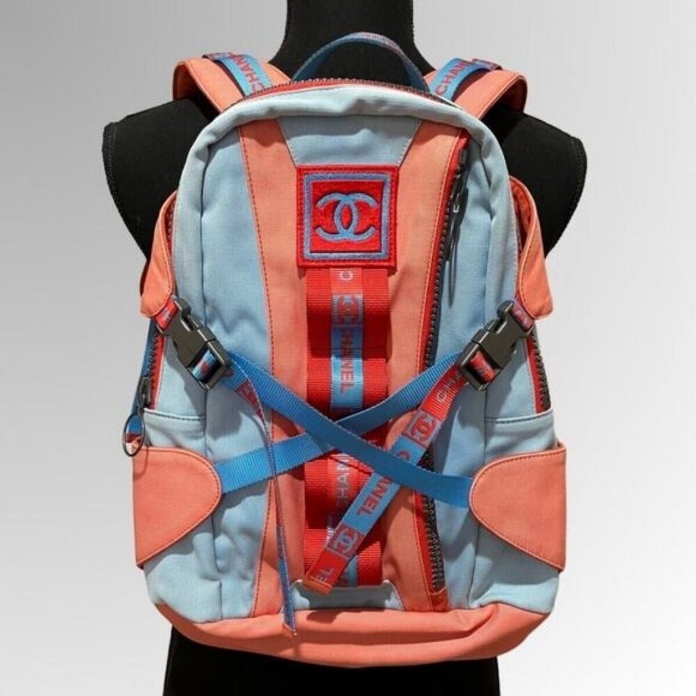 Authentic CHANEL CC Sport Line Nylon Backpack Bag Multicolor Blue Red Vintage - Picture 2 of 10